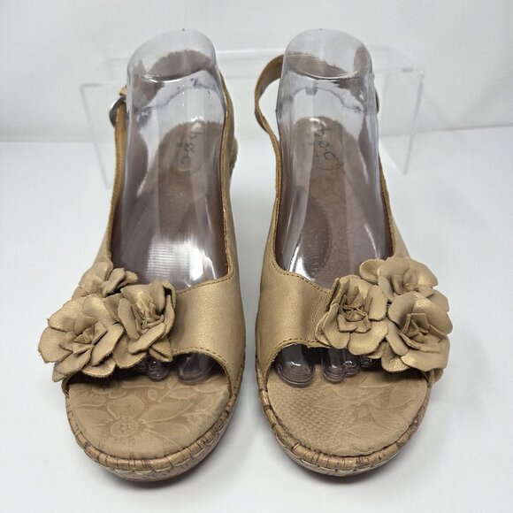 BOC Born Leather Slingback Dandee Bronze Wedge Sandals Flower Cork Cushion Sz 11 - Picture 4 of 14